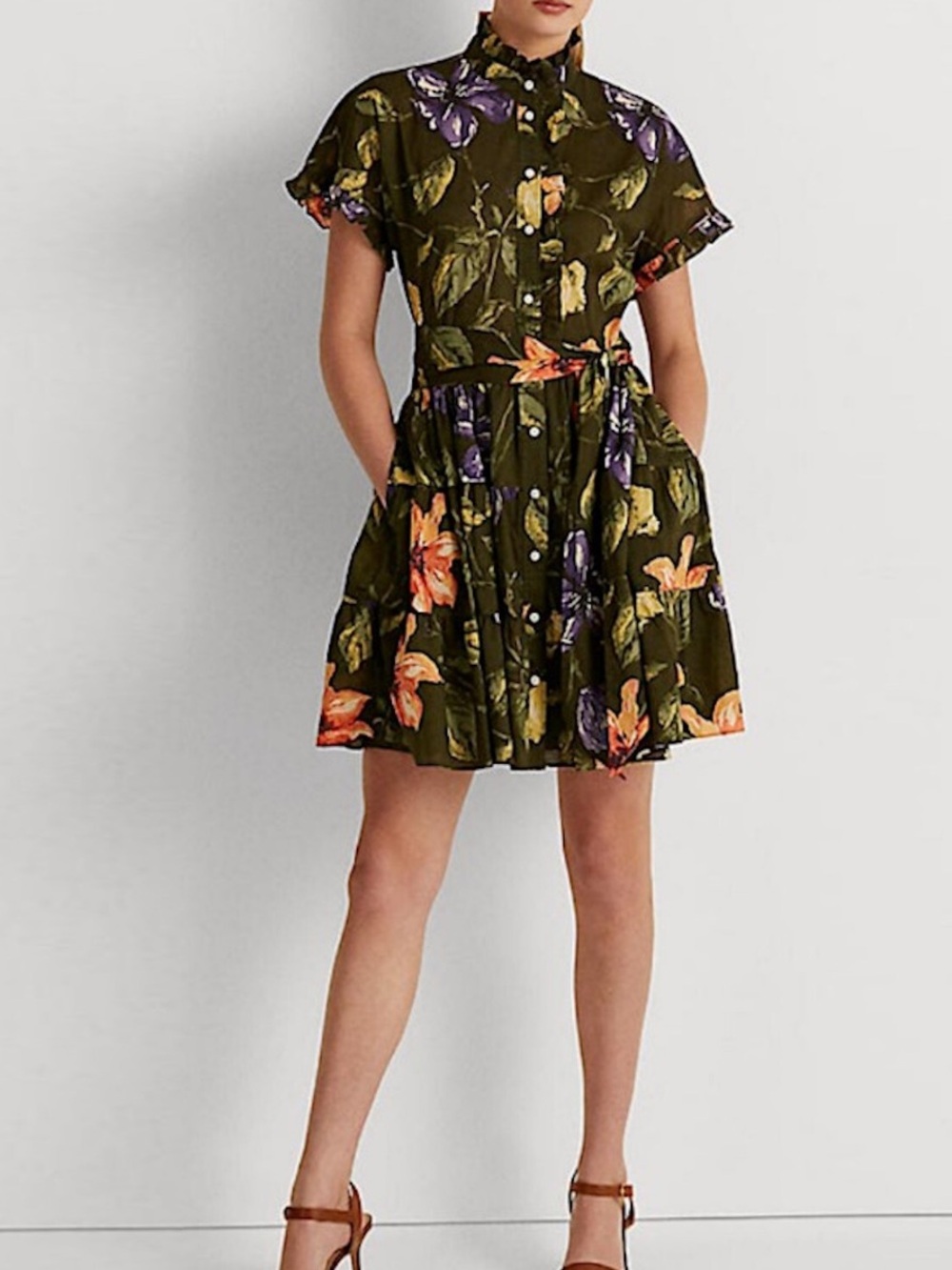 Lauren Ralph Lauren Olive Green Floral Short Dress with Orange & Purple Blooms 0